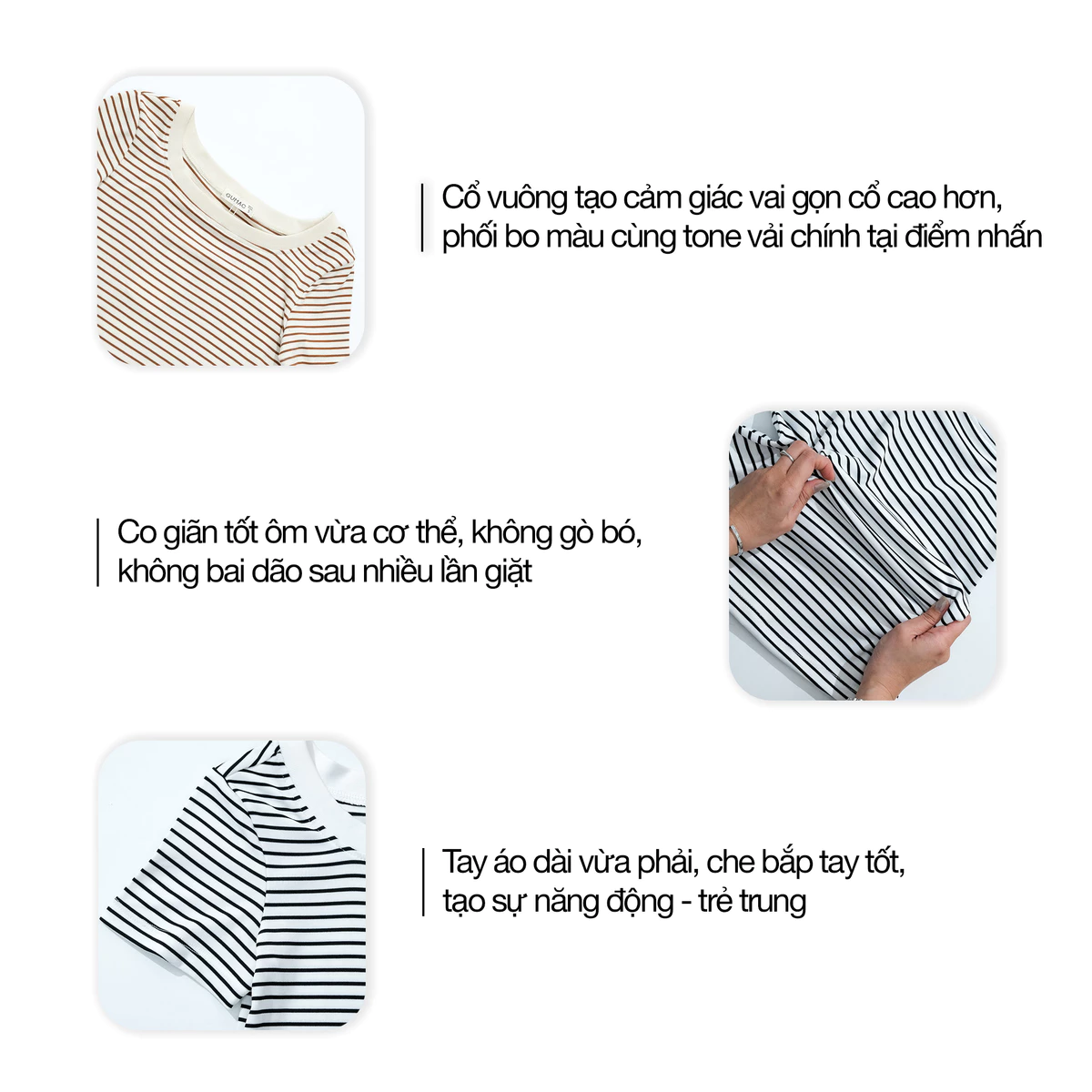 Áo Thun Cổ Vuông Nữ GUMAC Áo Phông Kẻ Sọc Ngang Dáng Ôm Chất Thun Gân Co Giãn LATG0407