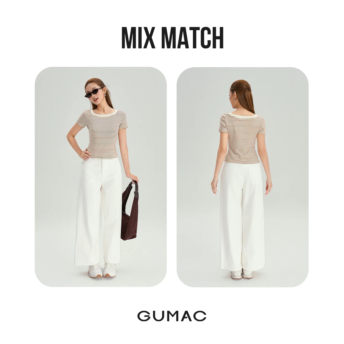 Áo Thun Cổ Vuông Nữ GUMAC Áo Phông Kẻ Sọc Ngang Dáng Ôm Chất Thun Gân Co Giãn LATG0407