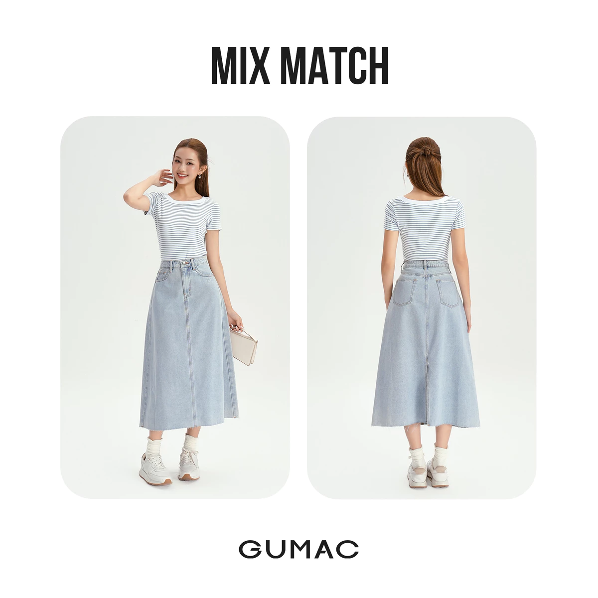 Áo Thun Cổ Vuông Nữ GUMAC Áo Phông Kẻ Sọc Ngang Dáng Ôm Chất Thun Gân Co Giãn LATG0407