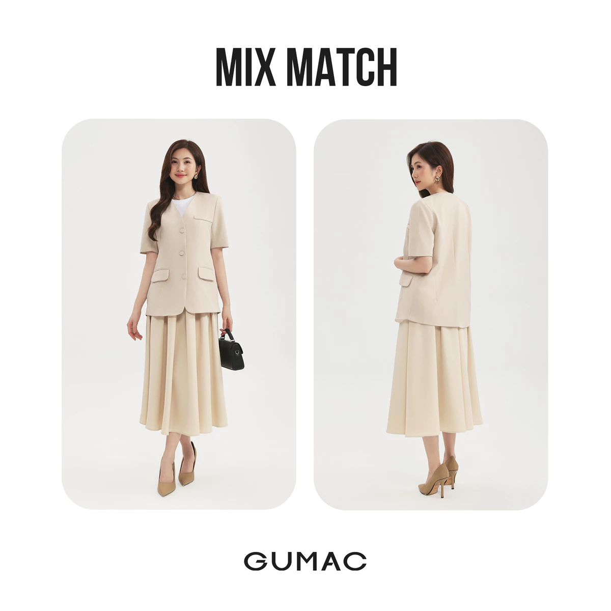 Áo Blazer Tay Ngắn GUMAC Dáng Suông Đệm Vai Mỏng Thiết Kế 2 Lớp Cao Cấp LOWG0104