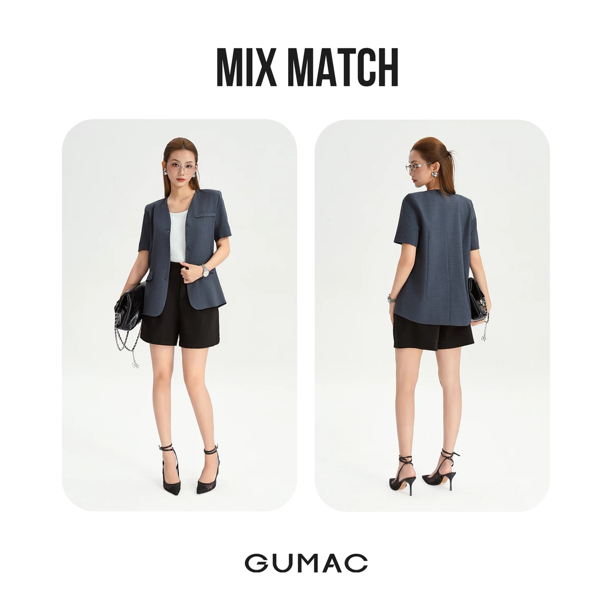 Áo Blazer Tay Ngắn GUMAC Dáng Suông Đệm Vai Mỏng Thiết Kế 2 Lớp Cao Cấp LOWG0104