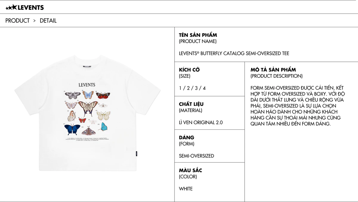 Áo Thun Levents Butterfly Catalog Semi-Oversized Tee/ White 100% Cotton T-shirt