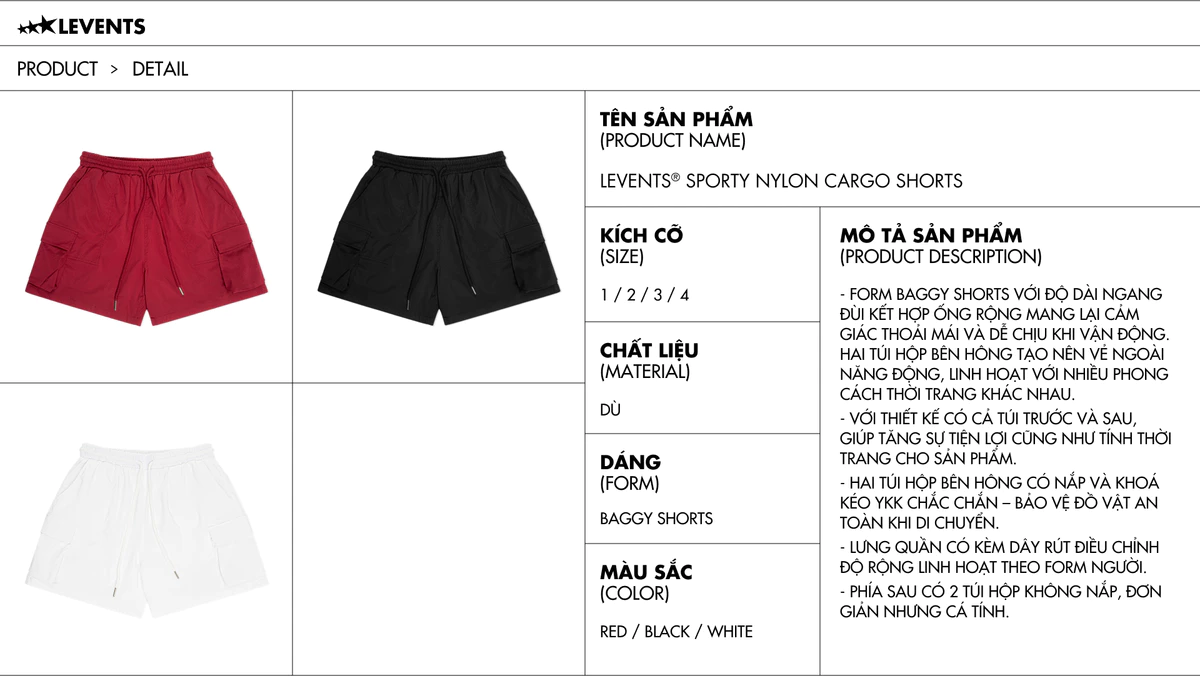 Quần Đùi Dù Levents Sporty Nylon Cargo Shorts