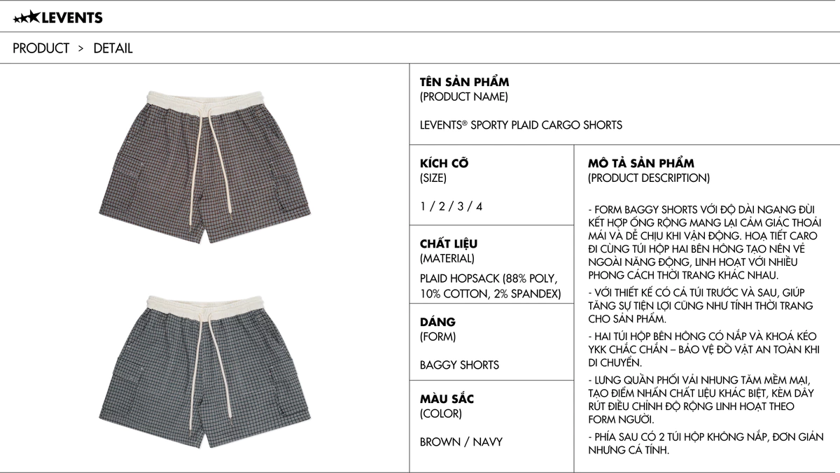 Quần Đùi Levents Sporty Plaid Cargo Shorts Kẻ Sọc Caro Hopsack