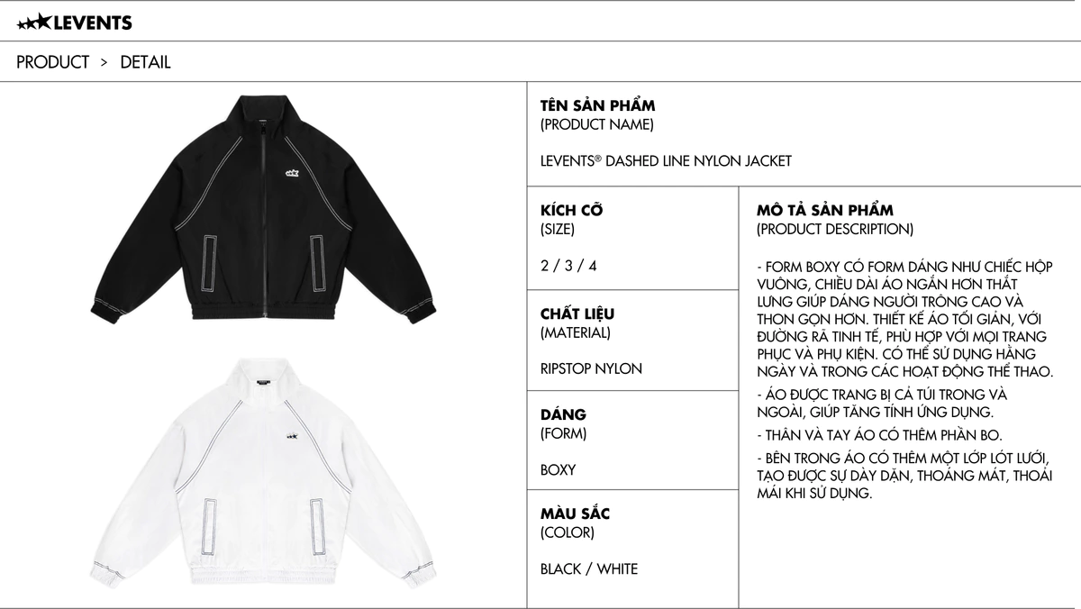 Áo Khoác Dù Levents Classic Dashed Line Nylon Jacket Form Sporty