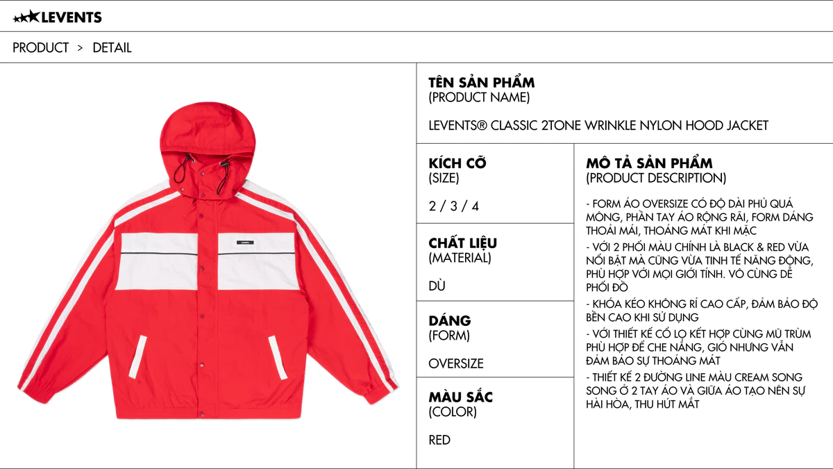 Áo Khoác Dù Levents Classic 2Tone Wrinkle Nylon Hood Jacket/ Red Form Oversized