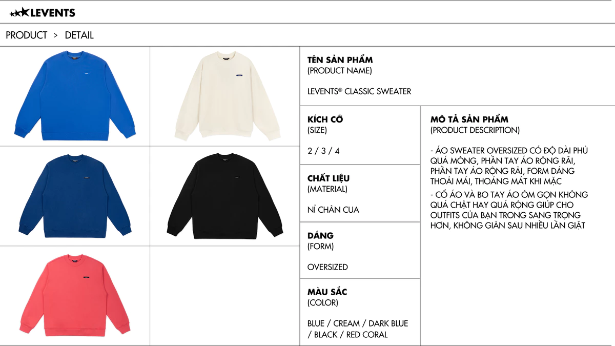 Áo Sweater Levents Classic Oversized Nỉ Chân Cua