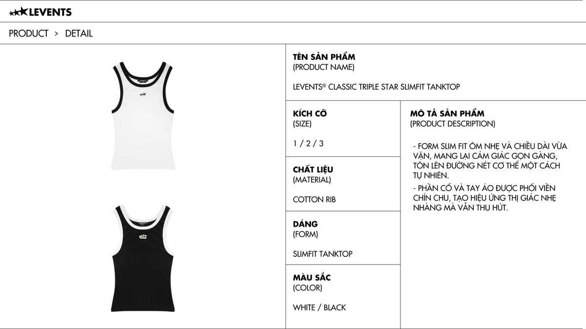 Áo Ba Lỗ Levents Classic Triple Star Slimfit Tanktop 100% Cotton Rib