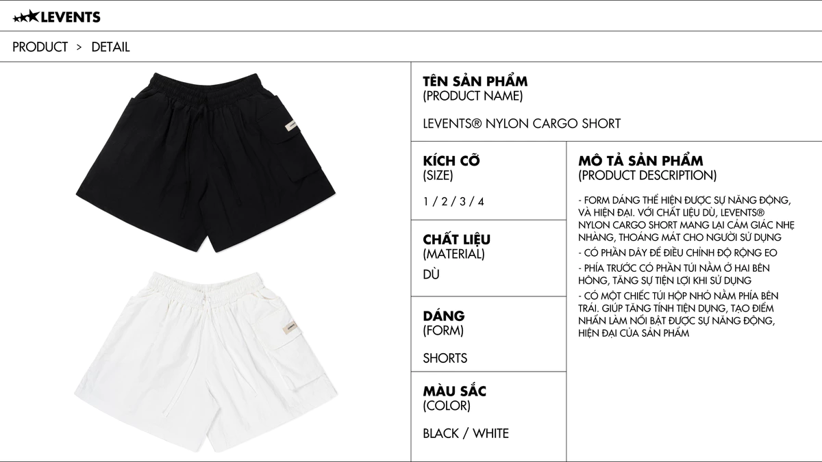 Quần Đùi Dù Levents Nylon Cargo Short