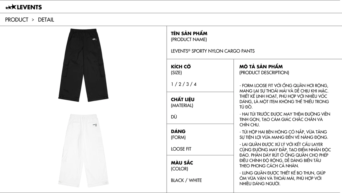 Quần Dài Dù Levents Sporty Nylon Cargo Pants