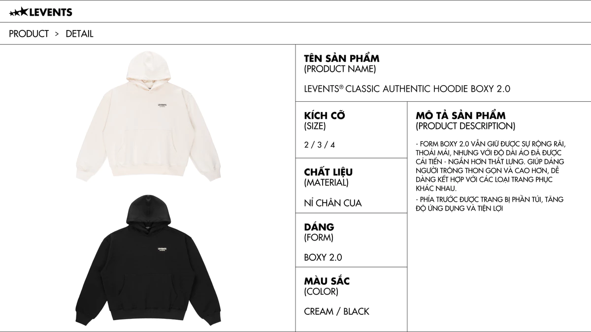 Áo Hoodie Levents Classic Authentic Boxy 2.0 Nỉ Chân Cua