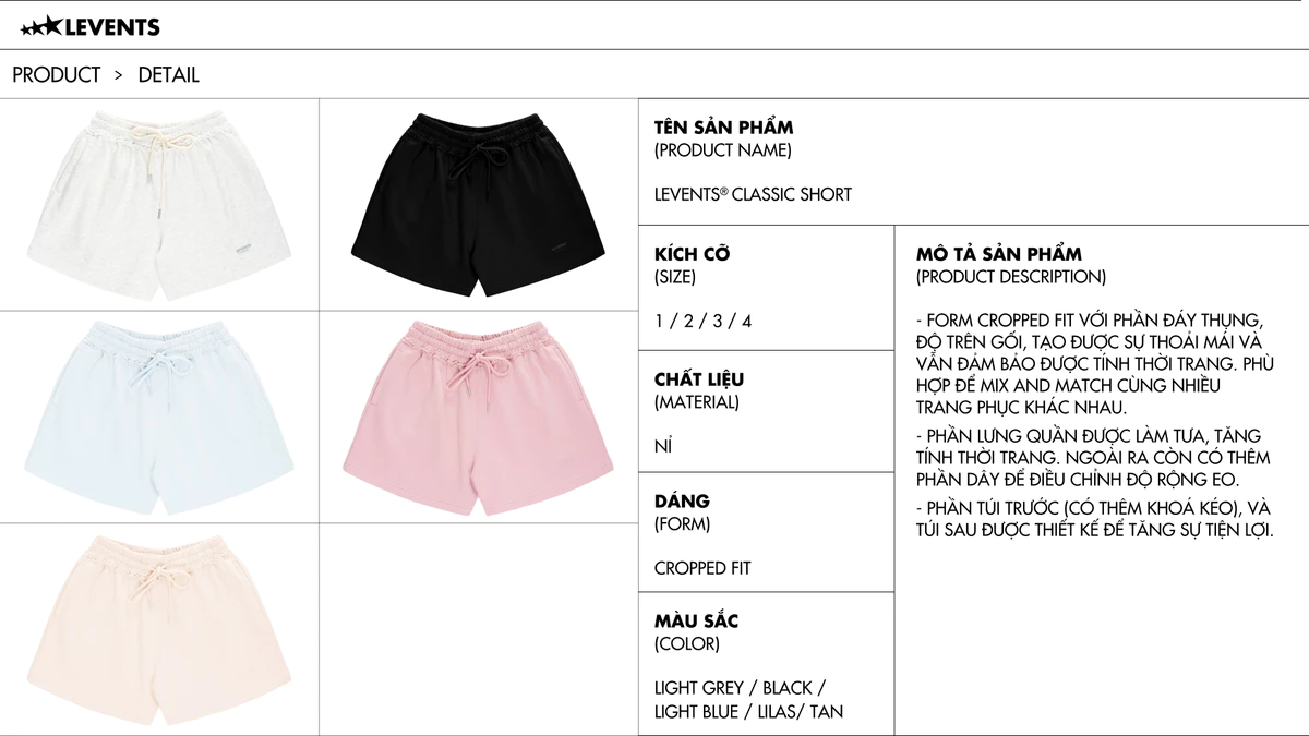 Quần Đùi Levents Classic Short Nỉ Chân Cua