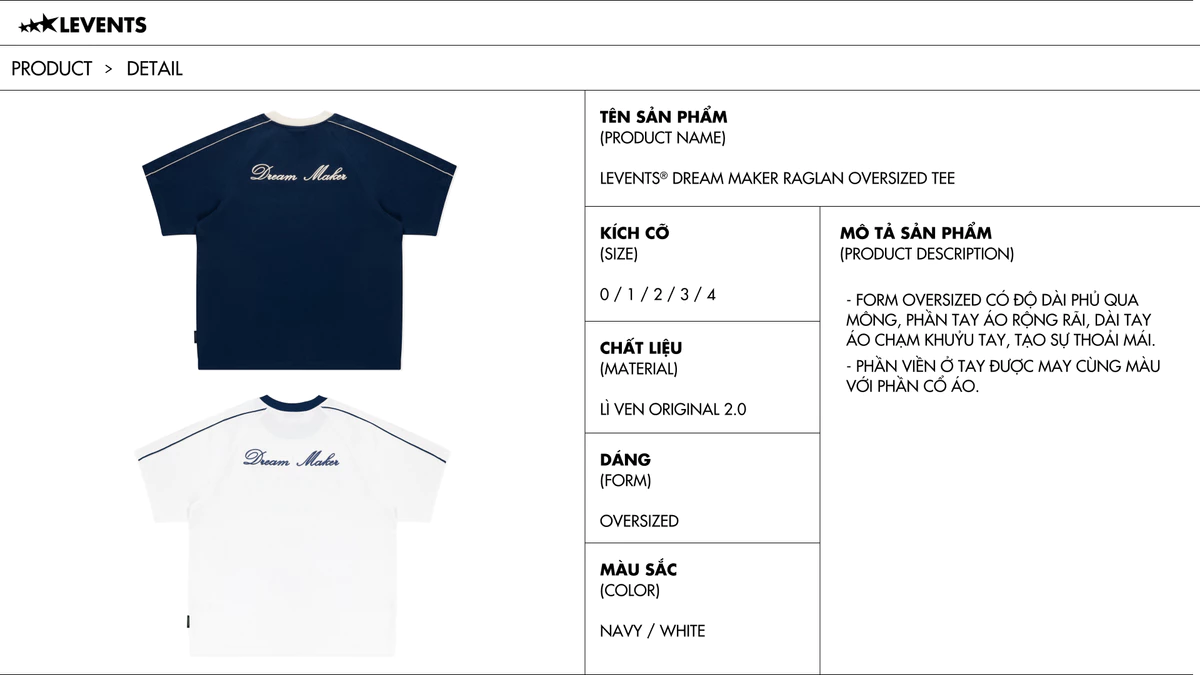 Áo Thun Levents Dream Maker Raglan Oversized Tee 100% Cotton T-shirt