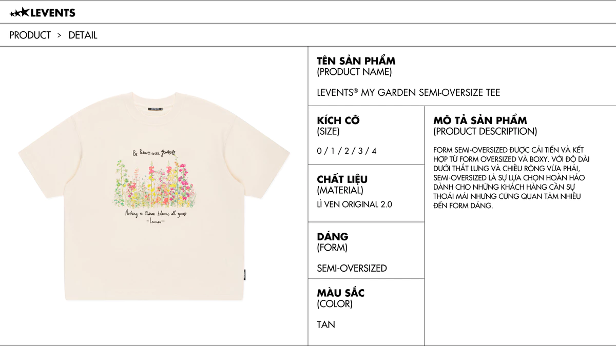 Áo Thun Levents My Garden Semi-Oversized Tee/ Tan 100% Cotton T-shirt