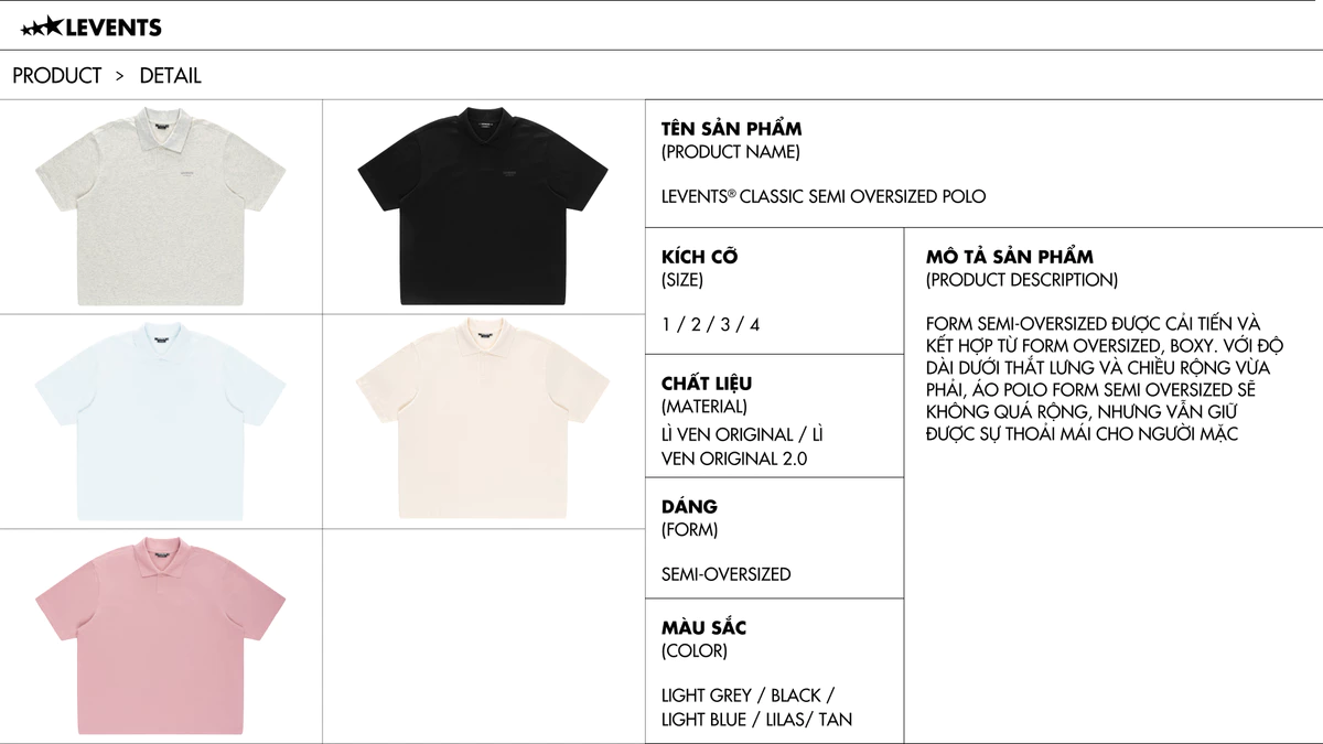 Áo Polo Levents Classic Semi-Oversized 100% Cotton