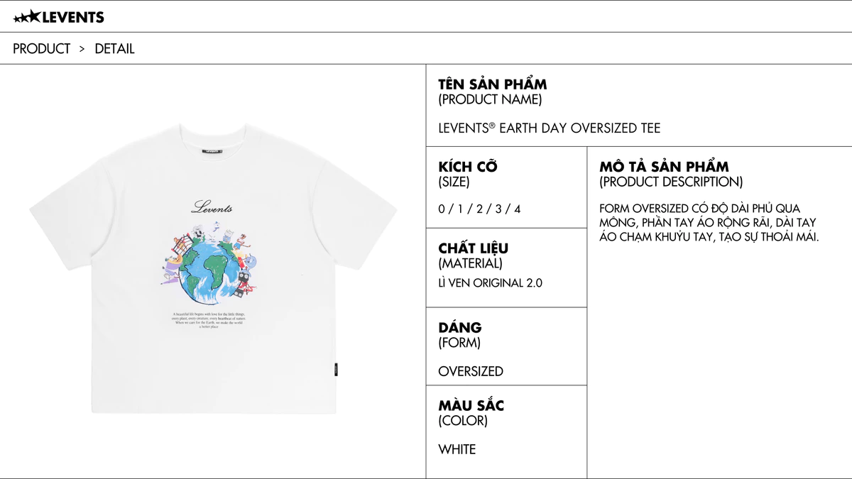 Áo Thun Levents Earth Day Oversized Tee/ White 100% Cotton T-shirt