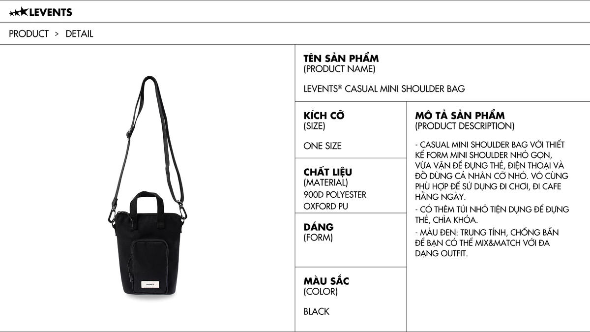Túi Đeo Chéo Levents Casual Mini Shoulder Bag/ Black Poly Chống Thấm