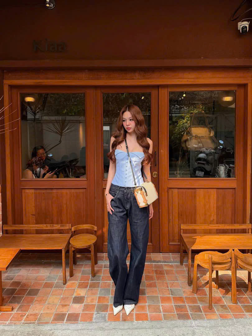 LSOUL Áo Corset Cúp Kẻ Sọc Simi Top + Salyn Skirt Chân Váy Lụa Nơ + Quần Jeans NữNie Pants A26032887