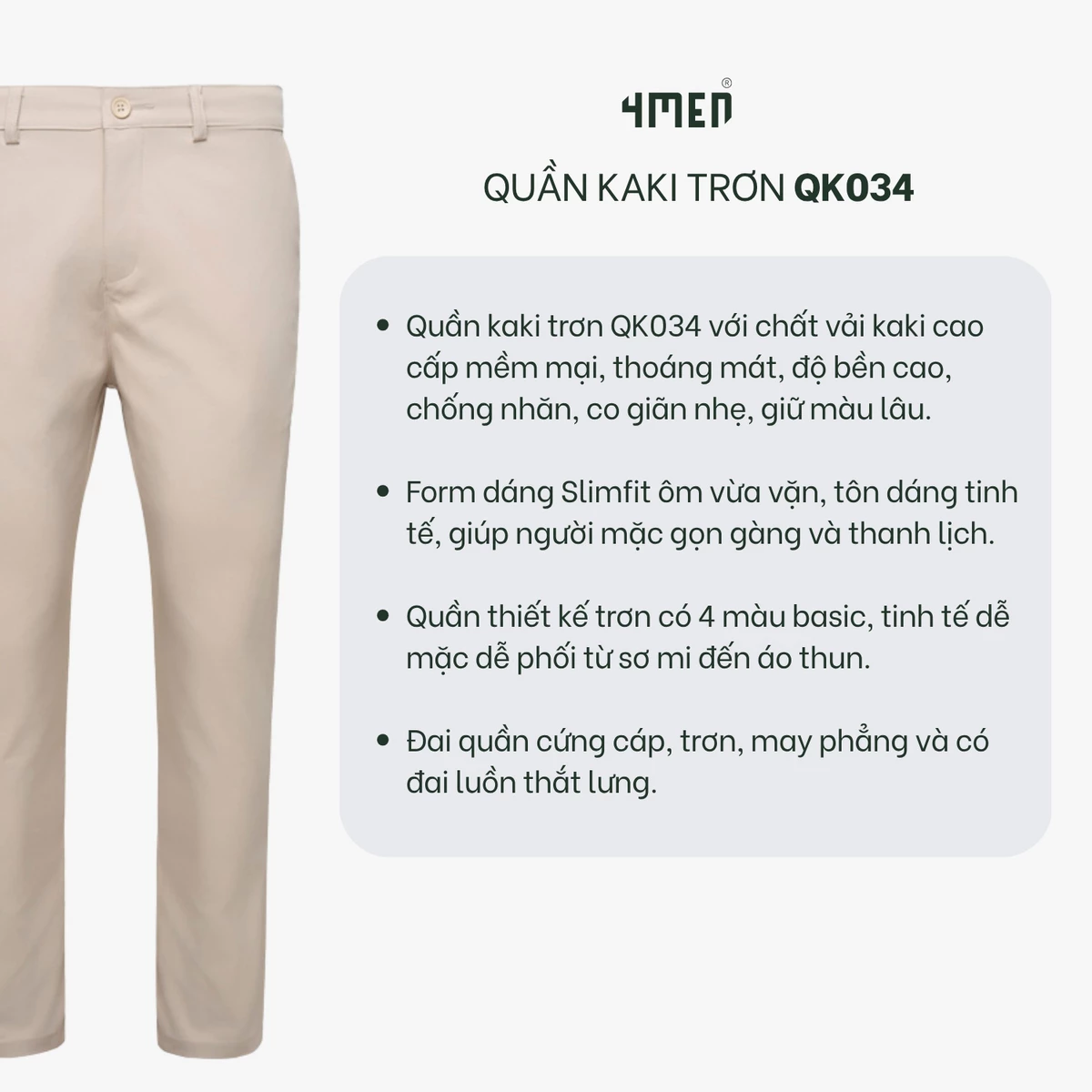 Quần Kaki Trơn Túi 2 Cơi Form Slimfit QK034 Form Slimfit Tôn Dáng, Vải Mềm Mại, Trẻ Trung, Thanh Lịch