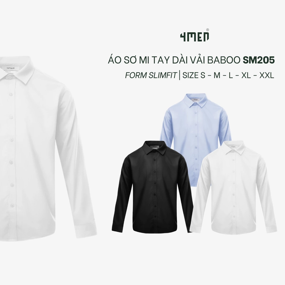 Áo Sơ Mi Trơn Tay Dài Đẹp 4MEN Form Slimfit SM205 Vải Baboo, Công Sở, Trẻ Trung