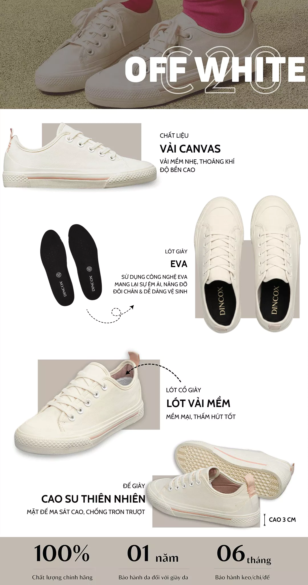 Giày Sneaker Nữ Vải Canvas DINCOX C20 Off/White Giày Thể Thao Nữ Đế Bằng