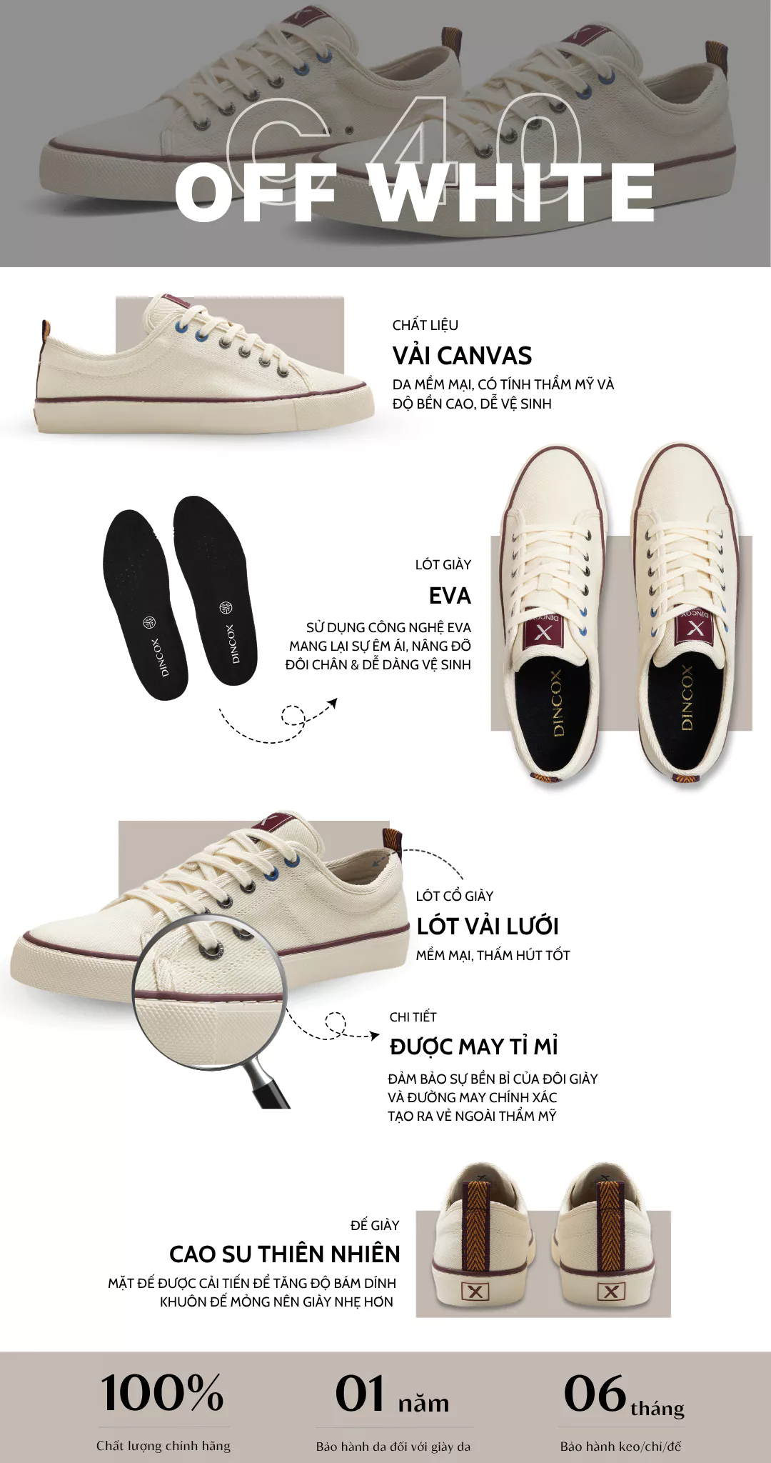 Giày Sneaker Nữ Nam Cổ Thấp Vải Canvas Unisex C40 Off/white Dincox Đơn Giản Tinh Tế Shoes Đế Bằng