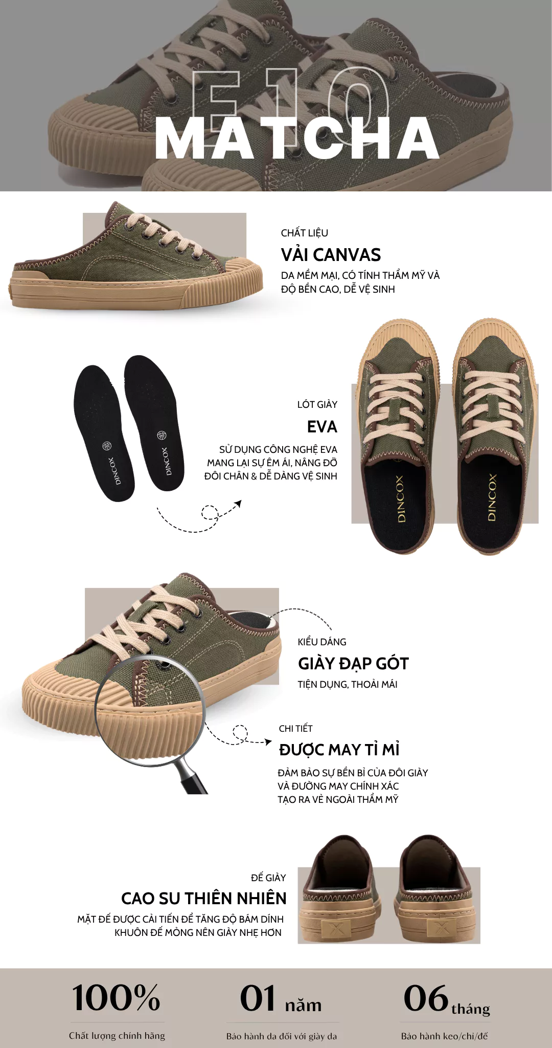 Giày Sục Đạp Gót Mules Vải Sneaker Unisex E10 Matcha DINCOX Tăng Chiều Cao 4cm