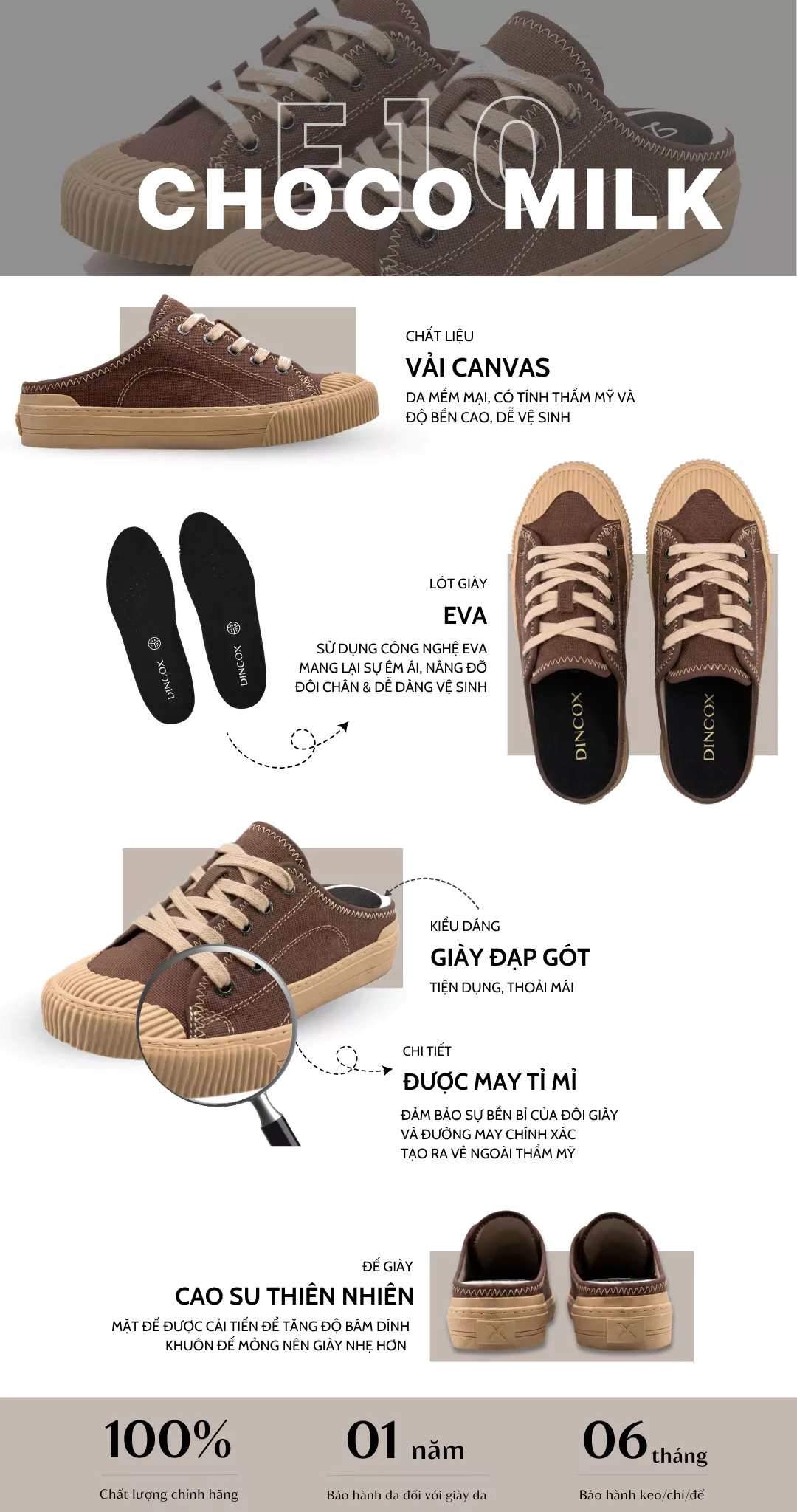 Giày Sục Đạp Gót Mules Vải Sneaker Unisex E10 CHOCO MILK DINCOX Tăng Chiều Cao 4cm