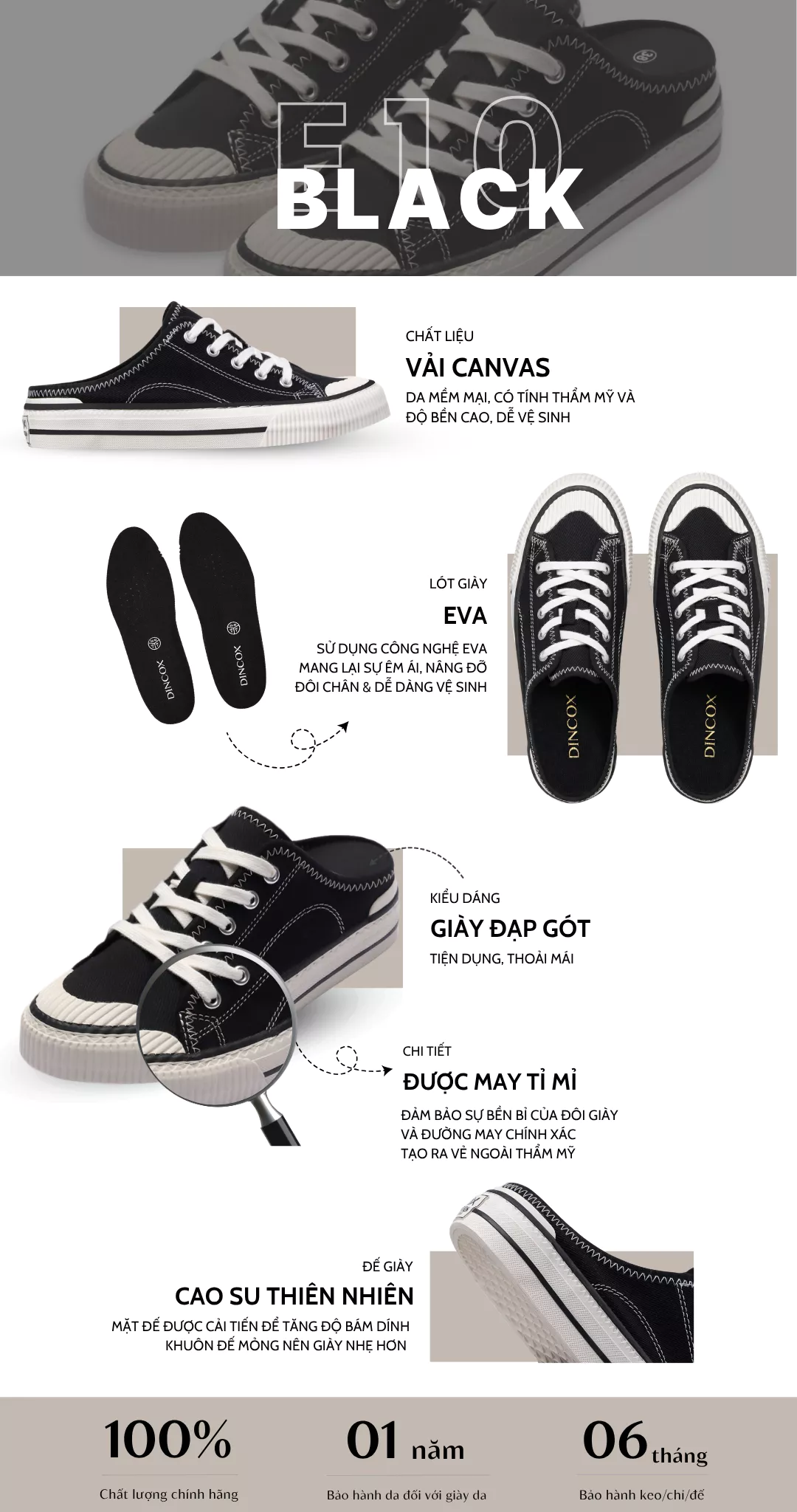 Giày Sục Đạp Gót Mules Vải Sneaker Unisex Tăng Chiều Cao 4cm DINCOX E10 Black