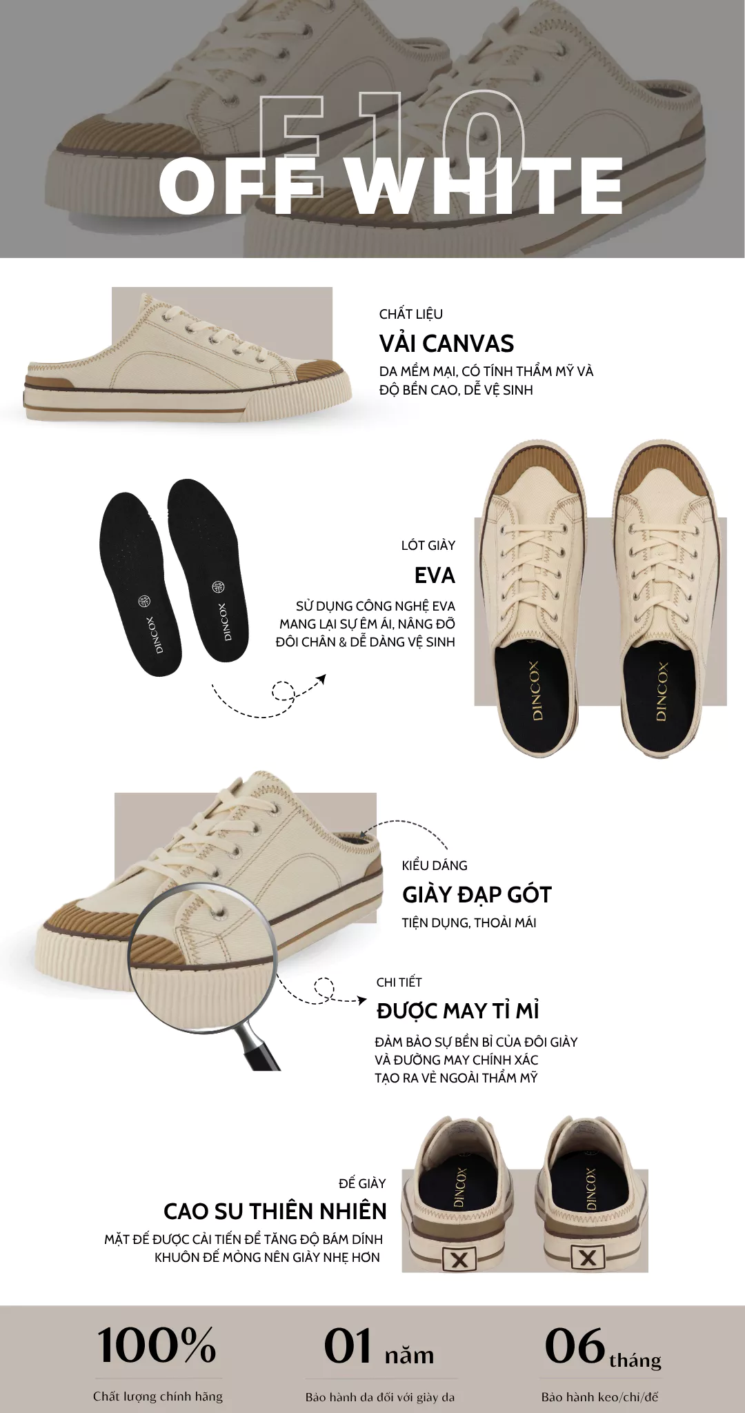 Giày Sục Đạp Gót Mules Vải Sneaker Unisex, Giày Sục Thể Thao Tăng Chiều Cao 4cm DINCOX E10 Off/white