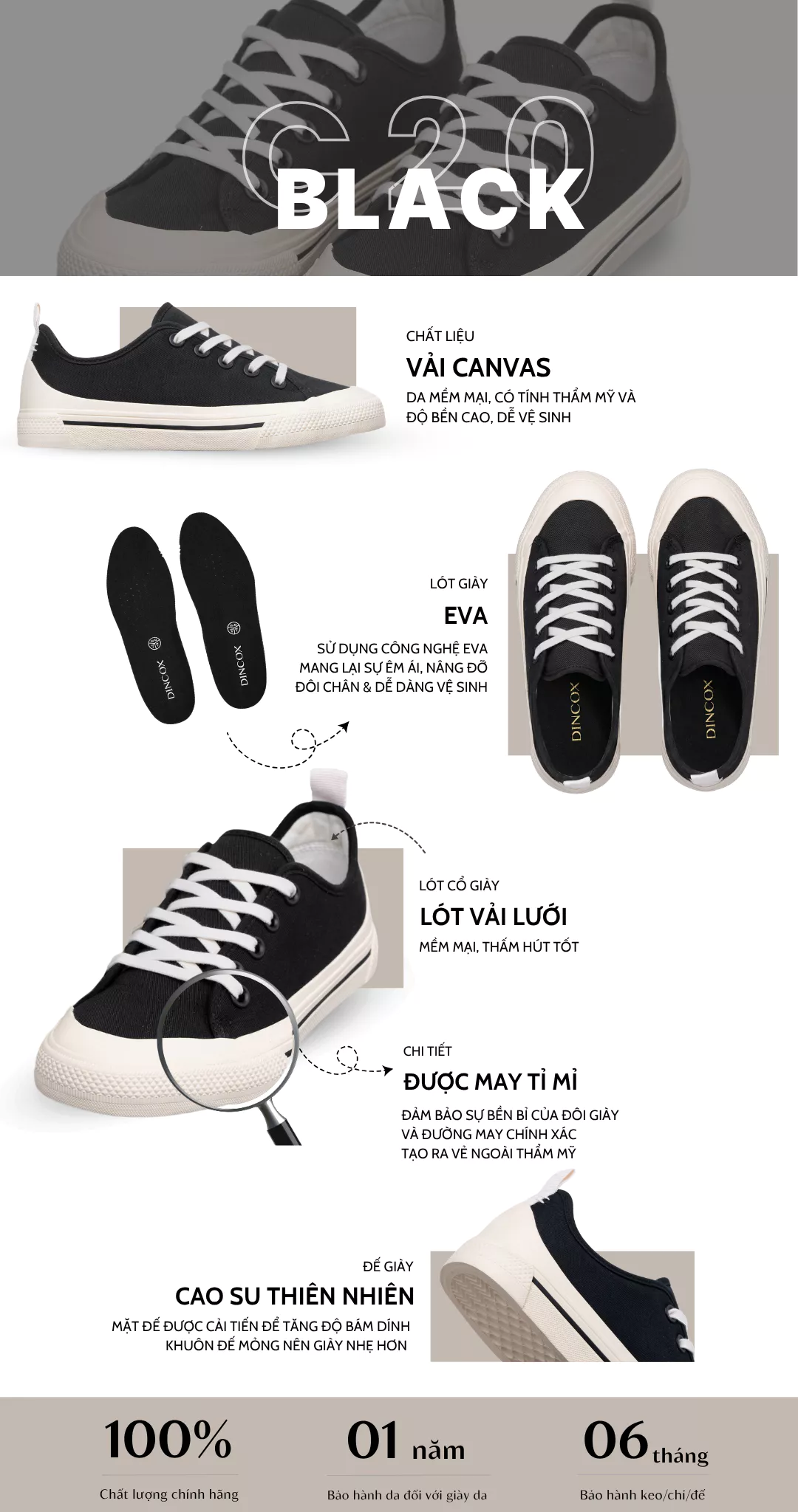 Giày Sneaker Vải Canvas Unisex Chính Hãng DINCOX C20 Black Sang Trọng Tinh Tế Đơn Giản