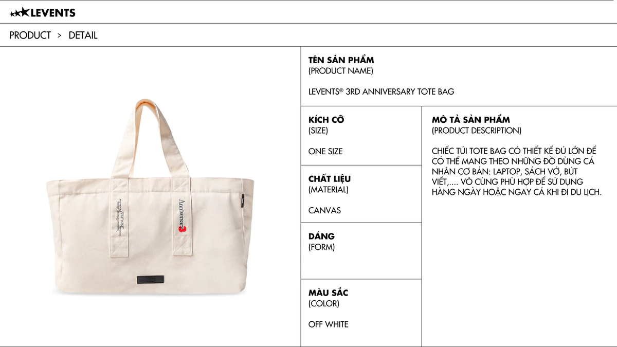 Túi Tote Levents 3rd Anniversary Tote Bag/ Off White Canvas