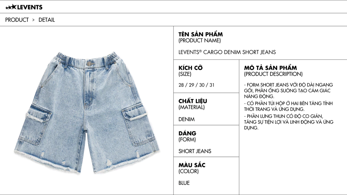 Quần Đùi Levents Cargo Denim Short Jeans/ Blue Denim