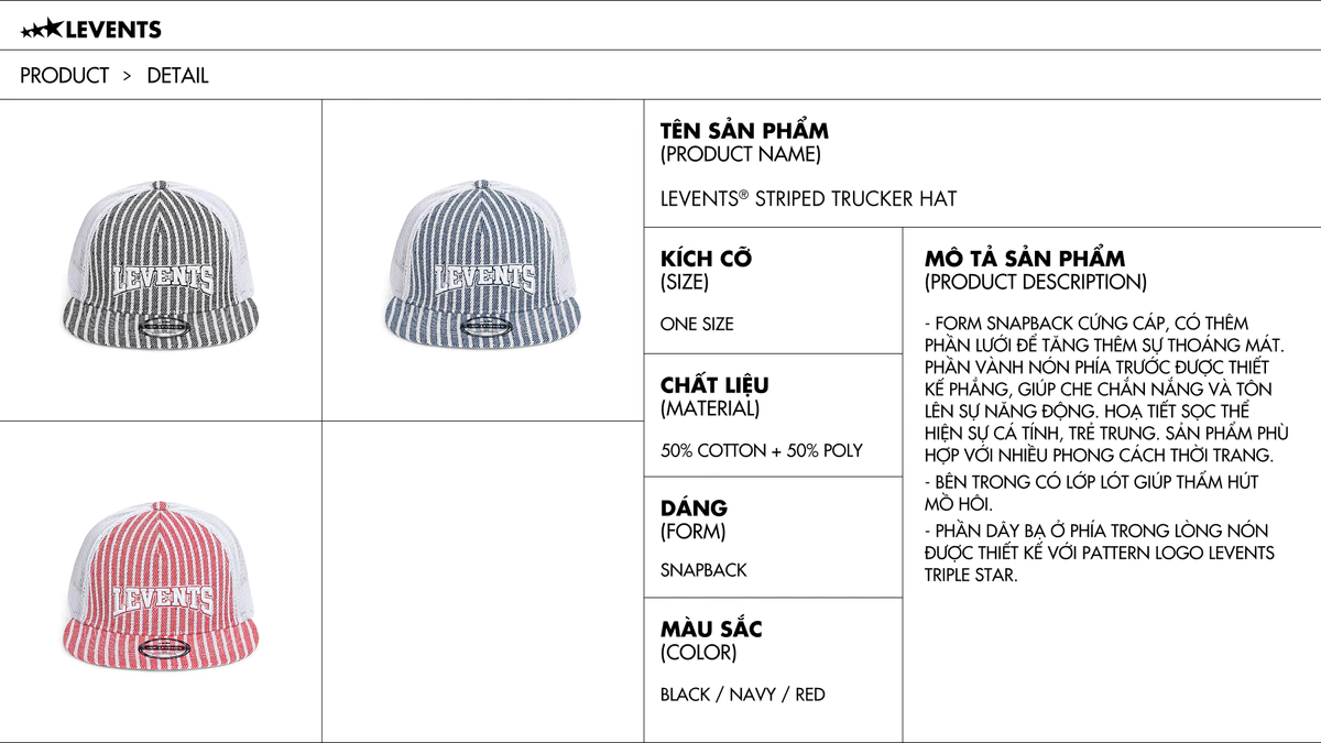 Nón Levents Striped Trucker Hat 50% Poly & 50% Cotton Snapback Cap
