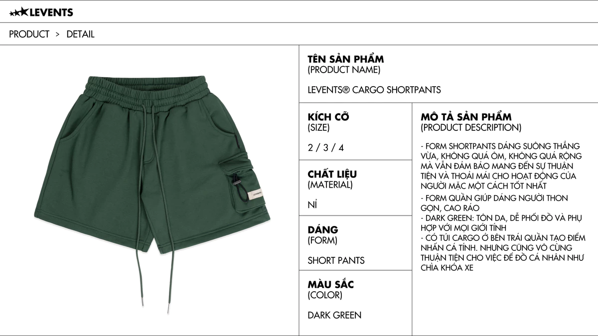 Quần Đùi Levents Cargo ShortPants/ Dark Green Nỉ Dày Dặn