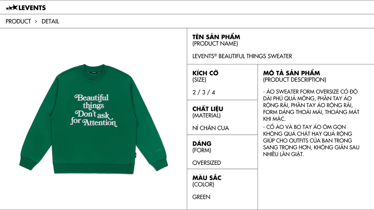 Áo Sweater Levents Beautiful Things/ Green Oversized Nỉ Chân Cua