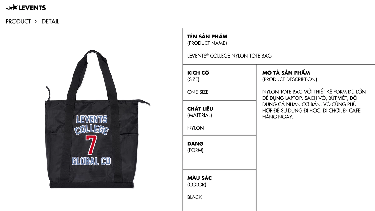 Túi Tote Levents College Nylon Tote Bag/ Black Nylon Chống Thấm