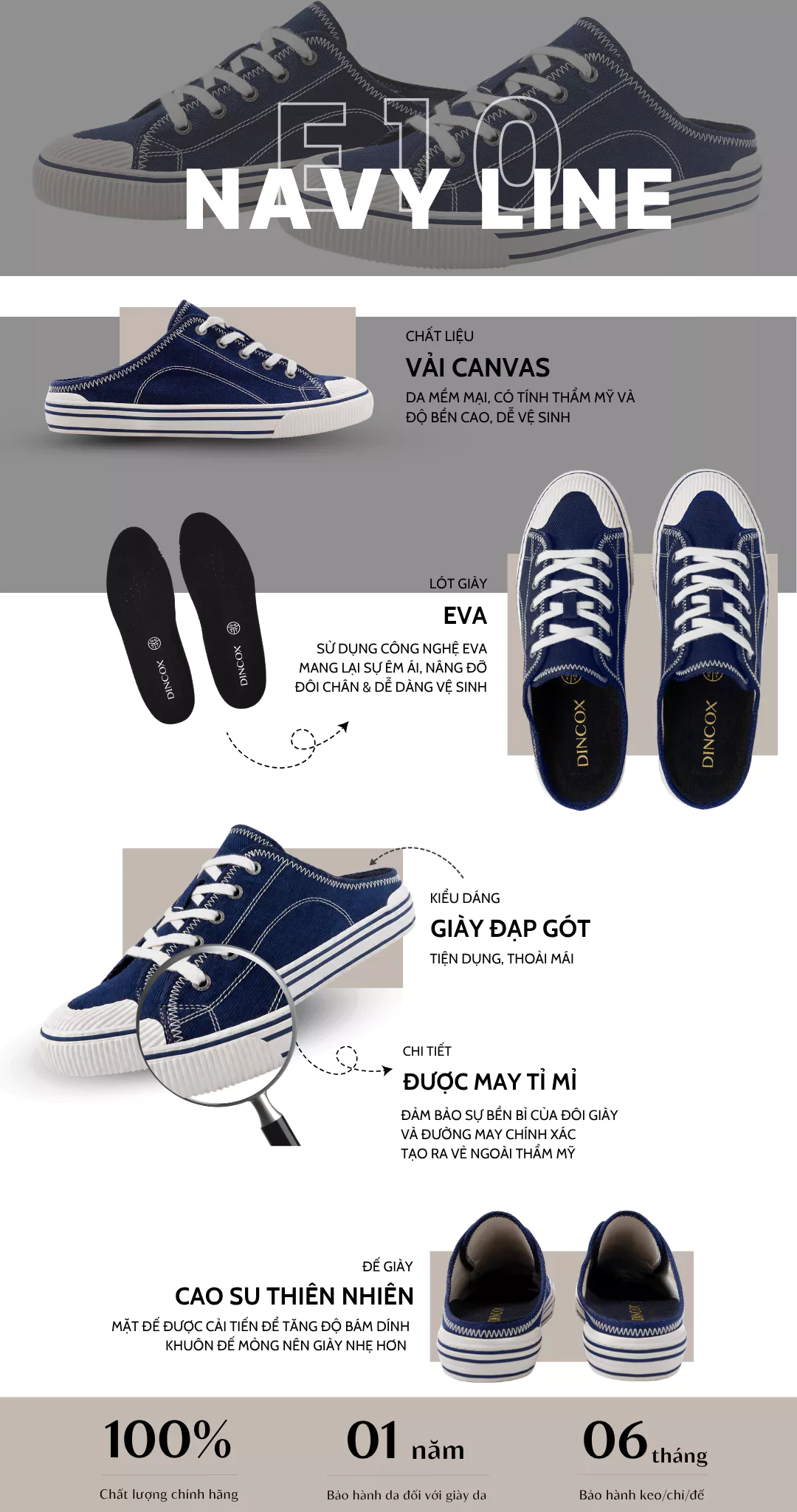 Giày Sục Đạp Gót Mules Vải E10 NAVY LINE DINCOX Sneaker Unisex