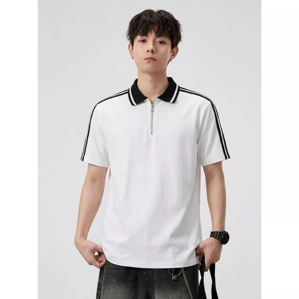 Áo Polo Kẻ Sọc Viền Vai Khóa Kéo 𝐂𝐎𝐎𝐋𝐂𝐑𝐄𝐖 Ngắn Tay Form Rộng Unisex Phong Cách Thời Trang Hàn Quốc APN116