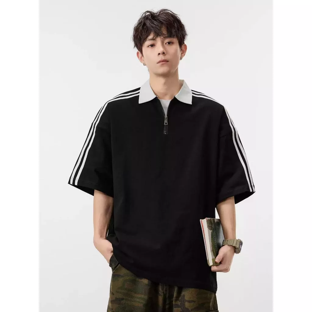 Áo Polo Kẻ Sọc Viền Vai Khóa Kéo 𝐂𝐎𝐎𝐋𝐂𝐑𝐄𝐖 Ngắn Tay Form Rộng Unisex Phong Cách Thời Trang Hàn Quốc APN116