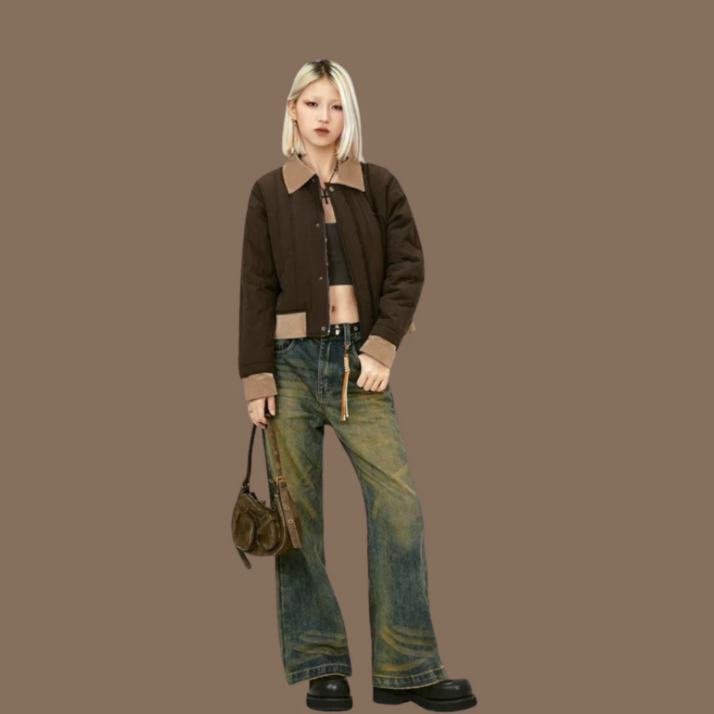 Áo Khoác Chần Bông Dáng Lửng 𝐂𝐎𝐎𝐋𝐂𝐑𝐄𝐖 Unisex Cổ Bẻ Nâu Be Vintage Phong Cách Hàn Quốc