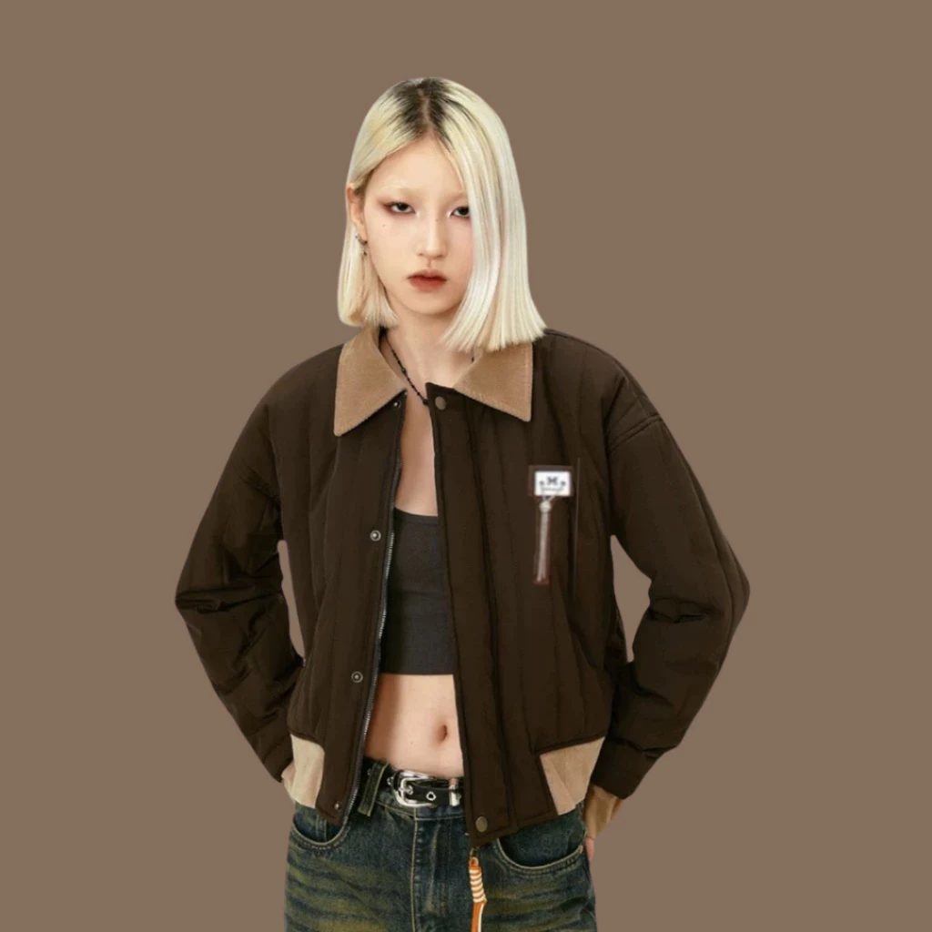 Áo Khoác Chần Bông Dáng Lửng 𝐂𝐎𝐎𝐋𝐂𝐑𝐄𝐖 Unisex Cổ Bẻ Nâu Be Vintage Phong Cách Hàn Quốc