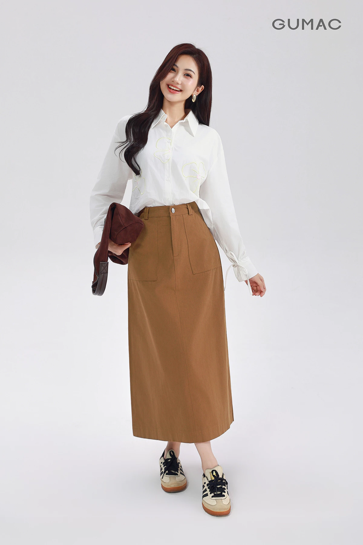Chân Váy Chữ A Dáng Dài GUMAC - Gmorning Chân Váy Kaki Midi Túi Vuông Tôn Dáng Cao Cấp YVF04060