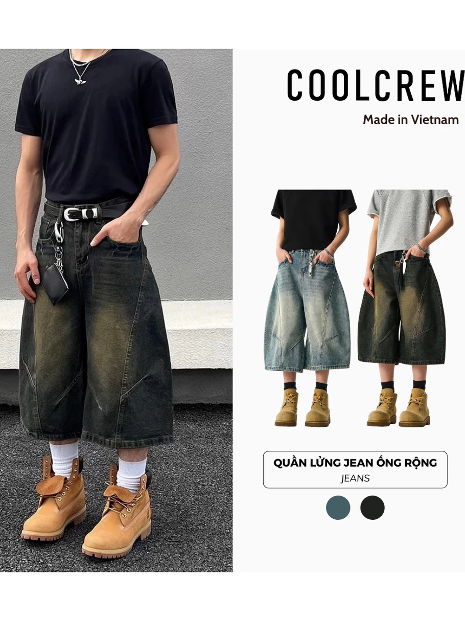 Quần Lửng Jean Ống Rộng 𝐂𝐎𝐎𝐋𝐂𝐑𝐄𝐖 Dáng Balloon Unisex Nam Nữ Phong Cách Streetwear Thời Trang Hàn Quốc QTL160