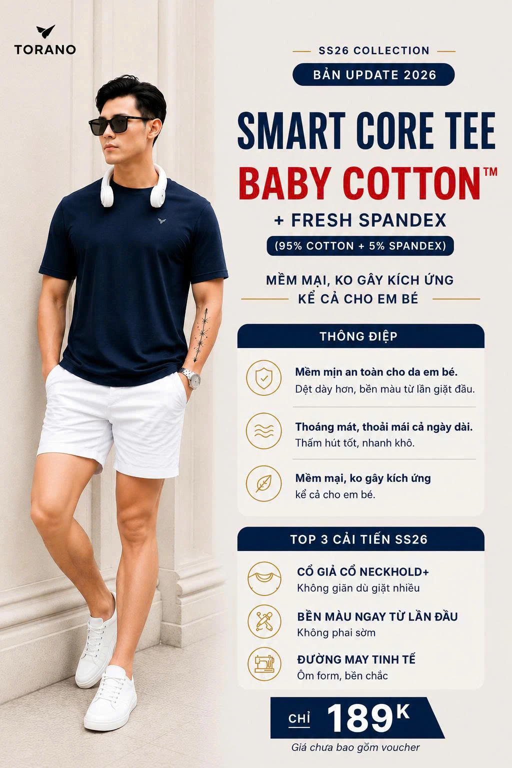 Áo thun nam trơn SMART CORE TEE TORANO chất cotton mát lạnh thoáng khí, thấm hút mồ hôi và co giãn thoải mái FSTS001