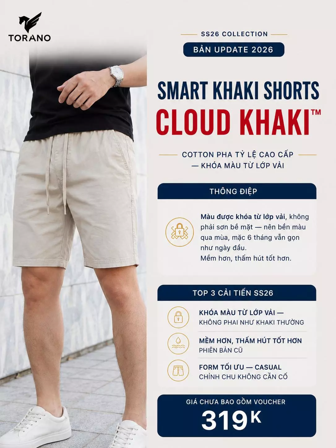 Quần short kaki nam SMART KHAKI SHORTS TORANO dáng basic cạp chun bền màu FSBK010
