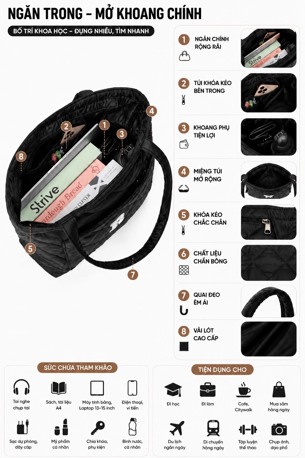 Túi Tote phao chần bông Regods đựng vừa hơn 2 laptop 17inch form rộng unisex nam nữ