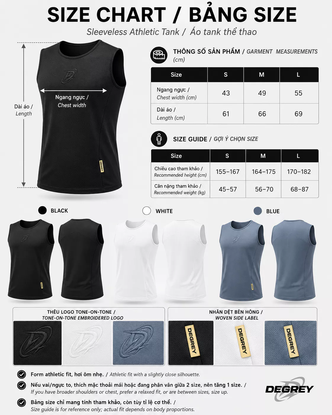 Áo ba lỗ màu TRẮNG/ ĐEN/ XÁM Degrey Sport Tank Top Body