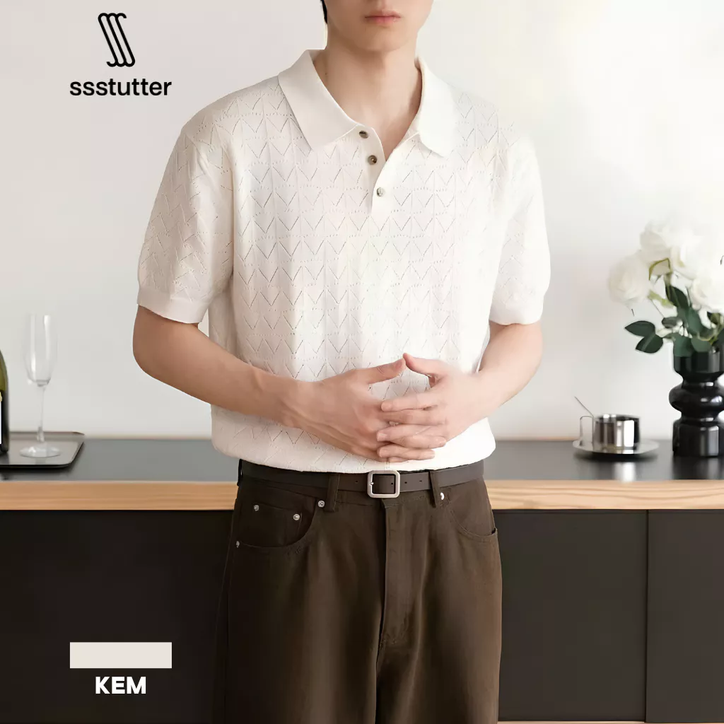 Áo Polo Nam SSSTUTTER Chevron Knit Polo Dệt Kim Jacquard Cao Cấp Form Regular Thanh Lịch