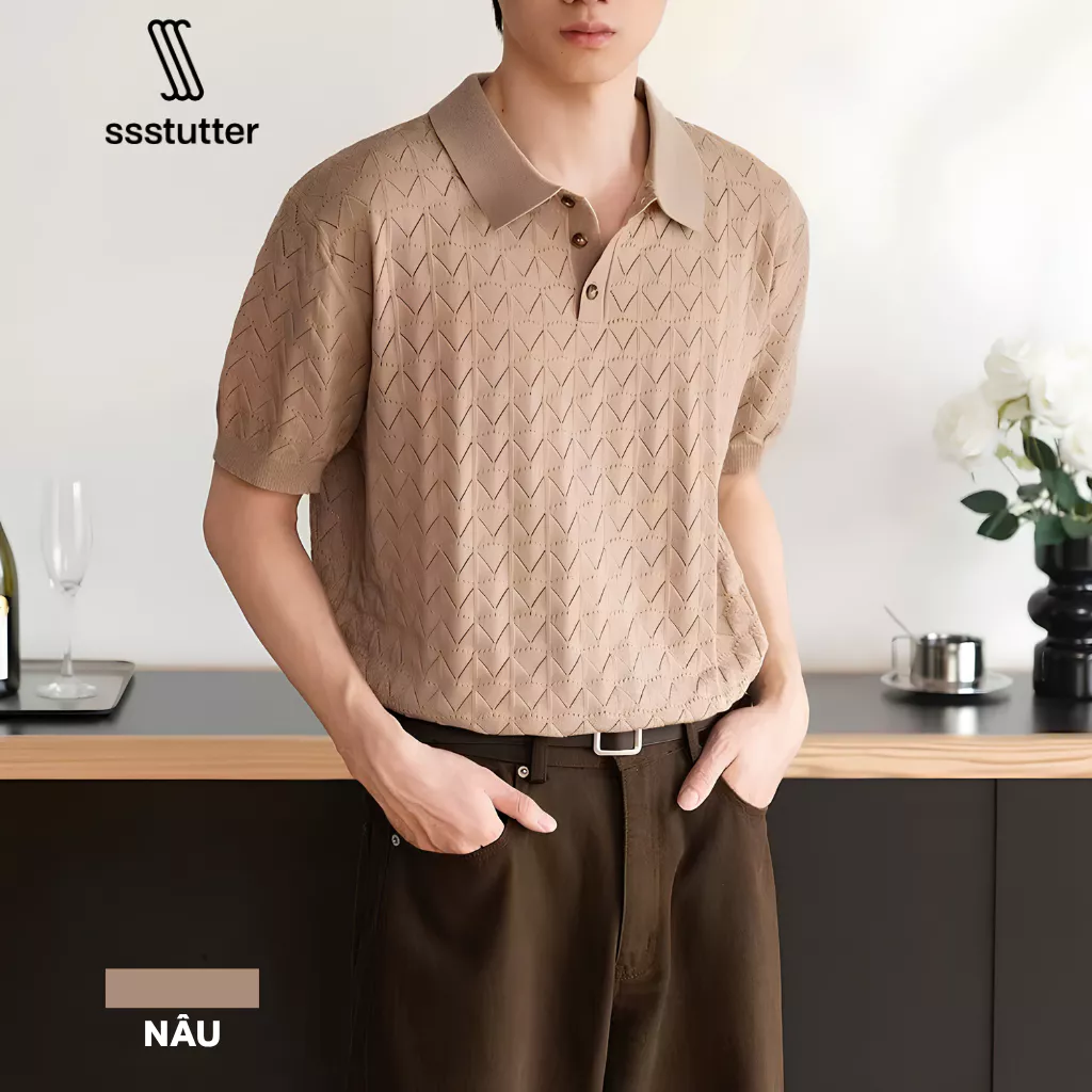 Áo Polo Nam SSSTUTTER Chevron Knit Polo Dệt Kim Jacquard Cao Cấp Form Regular Thanh Lịch
